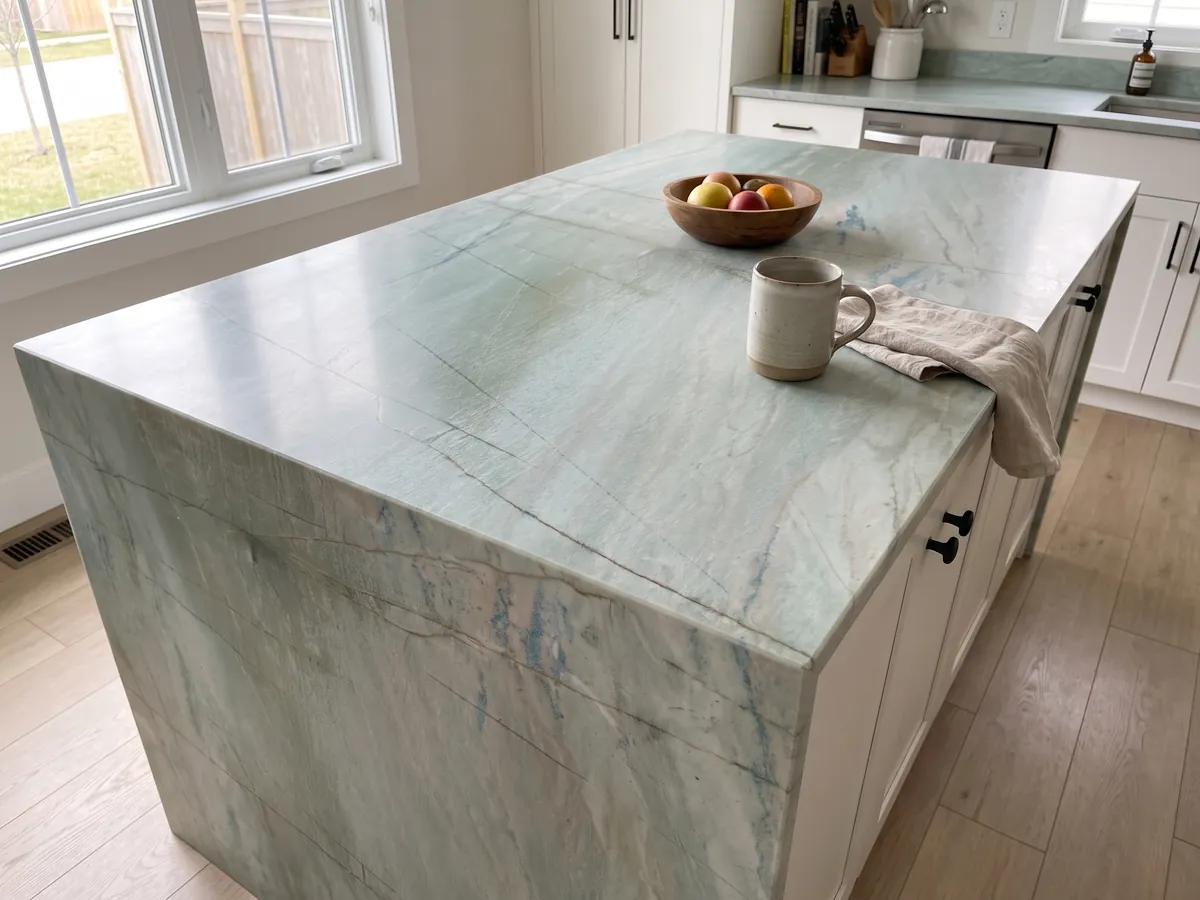 Kitchen island with an Emerald Green quartzite countertop and a straight edge in a naturally lit kitchen: light sea green with fine vertical dark lines and small blue glints