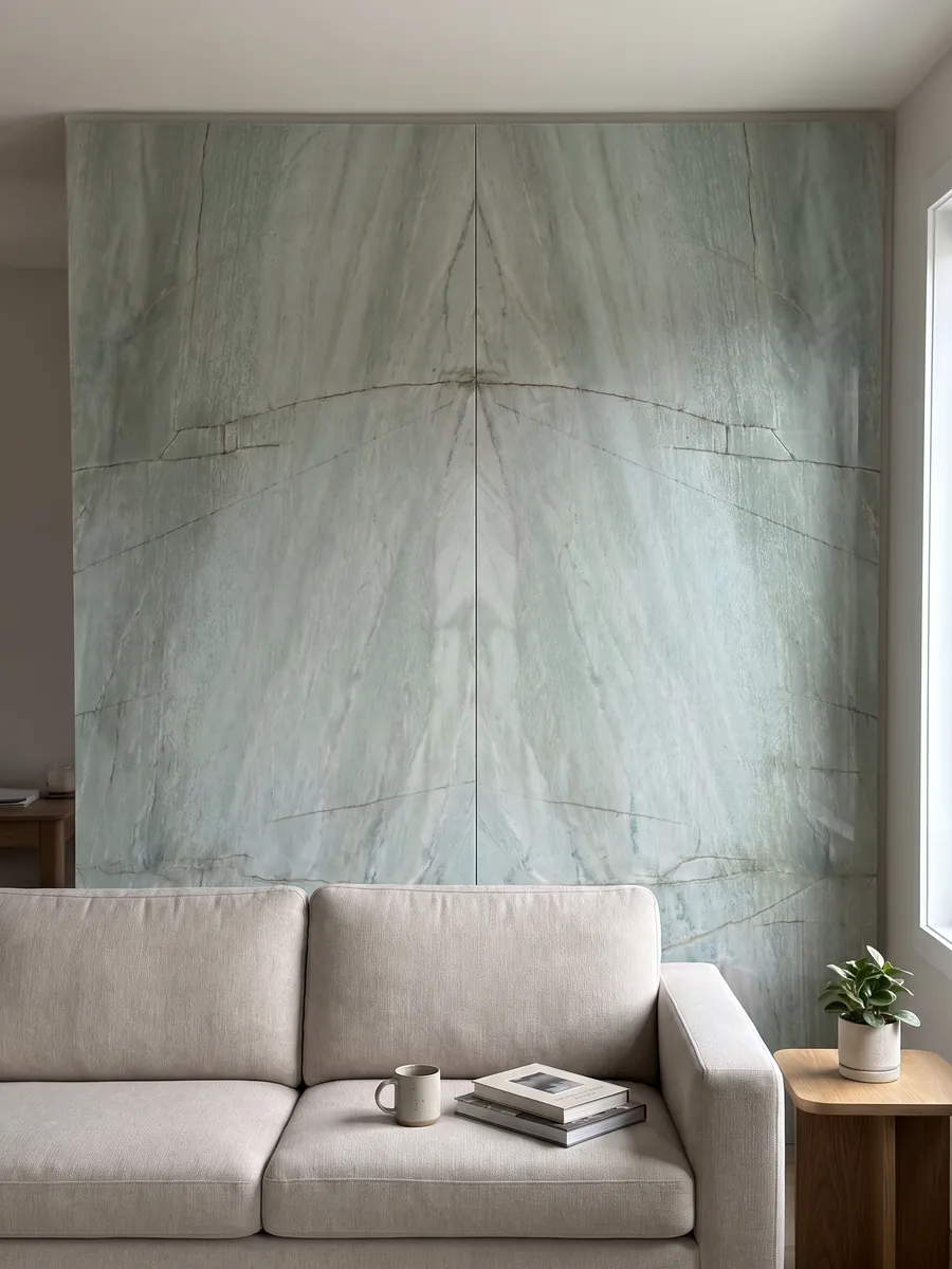 Living room wall clad in bookmatched slabs of Emerald Green quartzite behind a sofa: light sea green with fine vertical dark lines and small blue glints