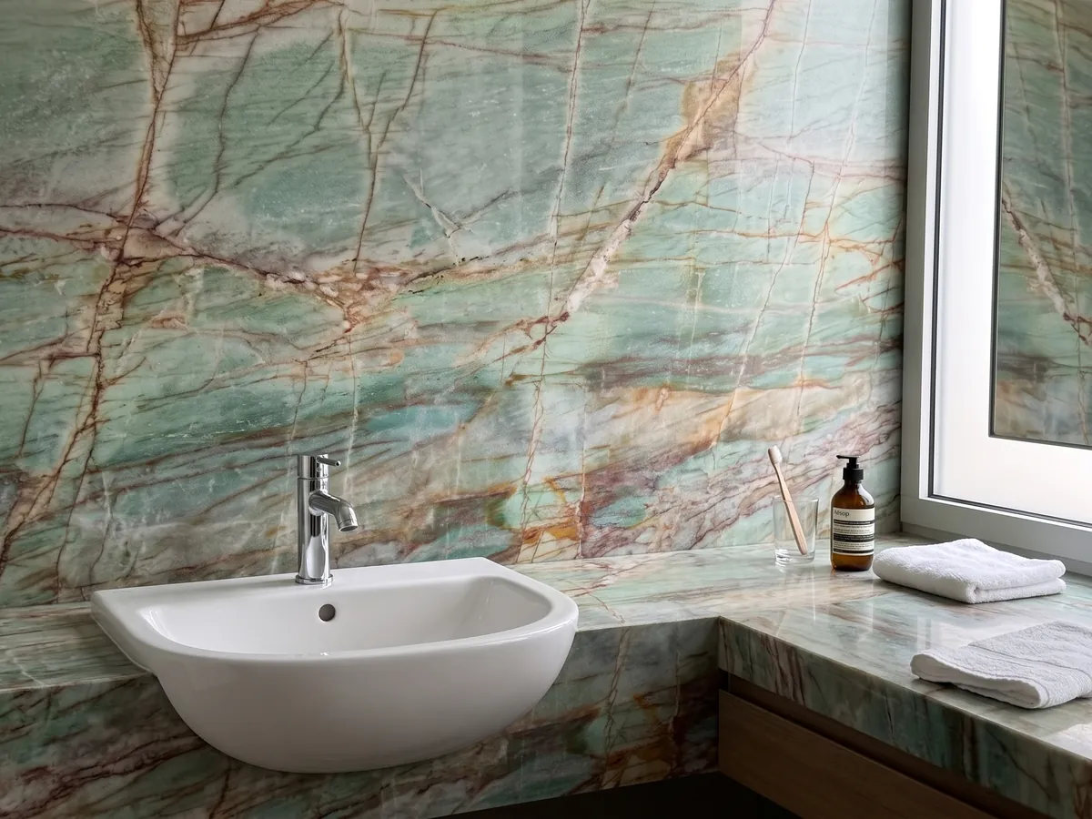 Vanity top and bathroom wall in Green Luise quartzite with a white sink and chrome faucets: turquoise with rust red and ochre veins in an irregular grid