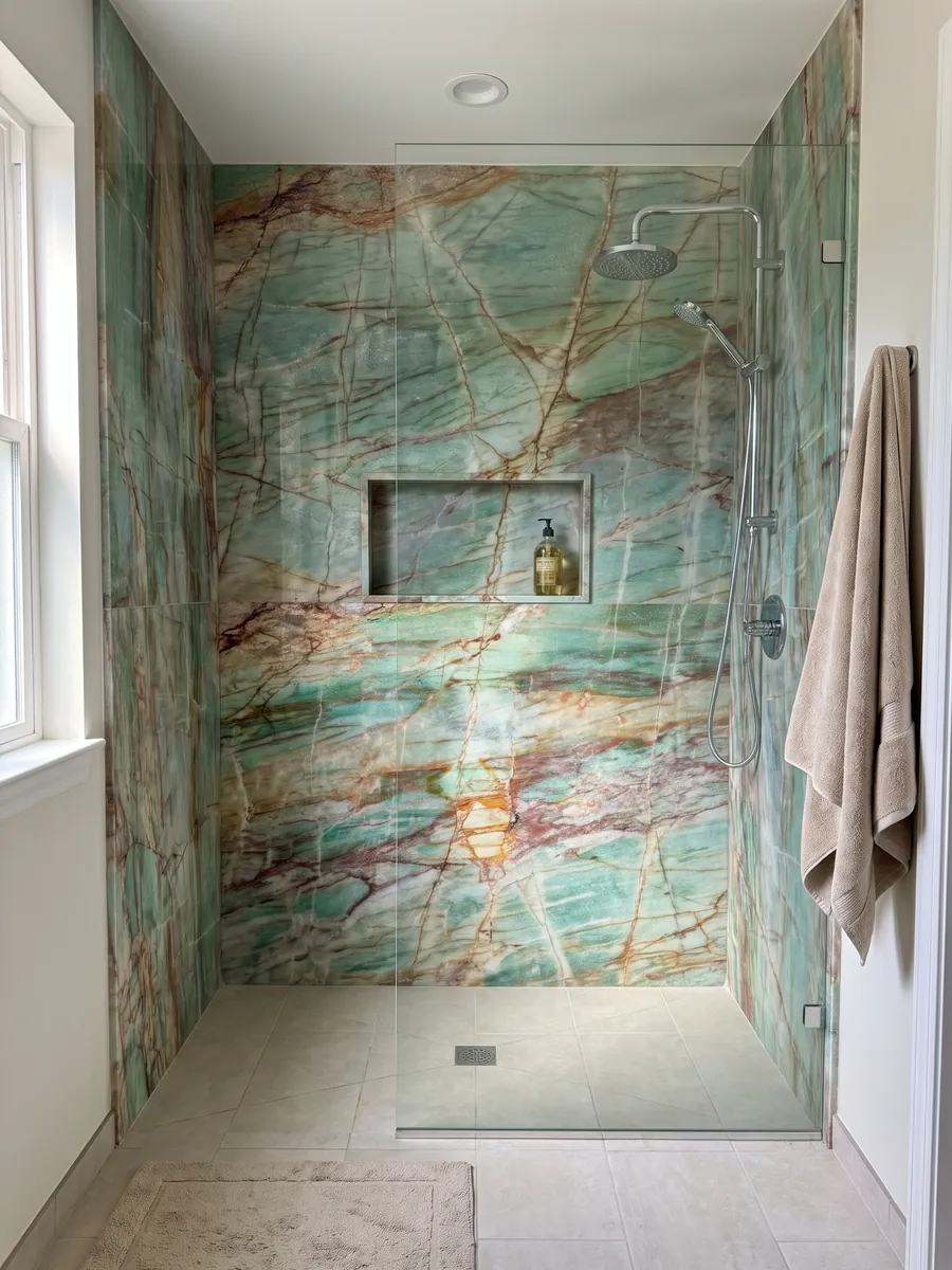 Shower clad in full slabs of Green Luise quartzite with a recessed niche: turquoise with rust red and ochre veins in an irregular grid