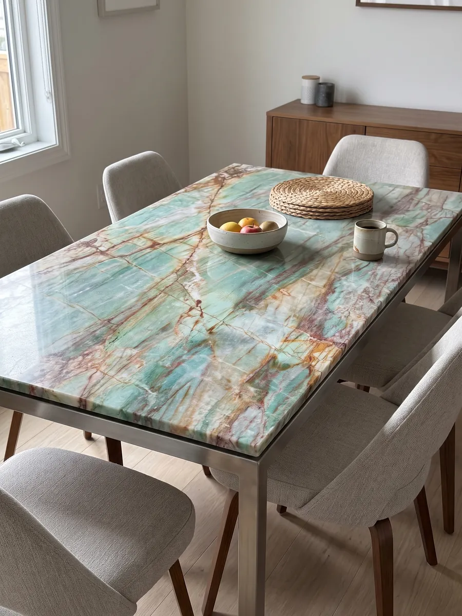 Dining table with a Green Luise quartzite top on a steel base: turquoise with rust red and ochre veins in an irregular grid