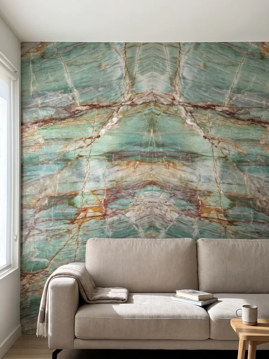 Living room wall clad in bookmatched slabs of Green Luise quartzite behind a sofa: turquoise with rust red and ochre veins in an irregular grid
