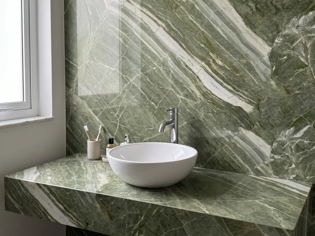 Vanity top and bathroom wall in Green Prairie quartzite with a white sink and chrome faucets: intense green with wide greenish white diagonal bands