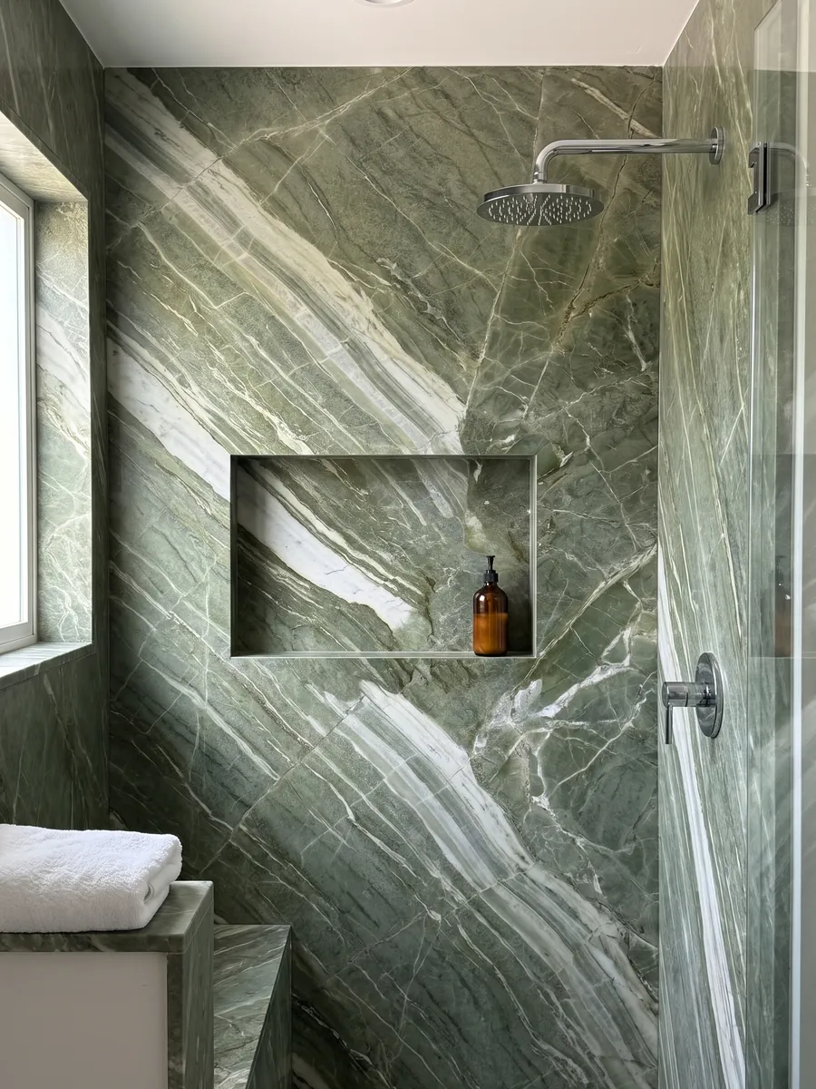 Shower clad in full slabs of Green Prairie quartzite with a recessed niche: intense green with wide greenish white diagonal bands