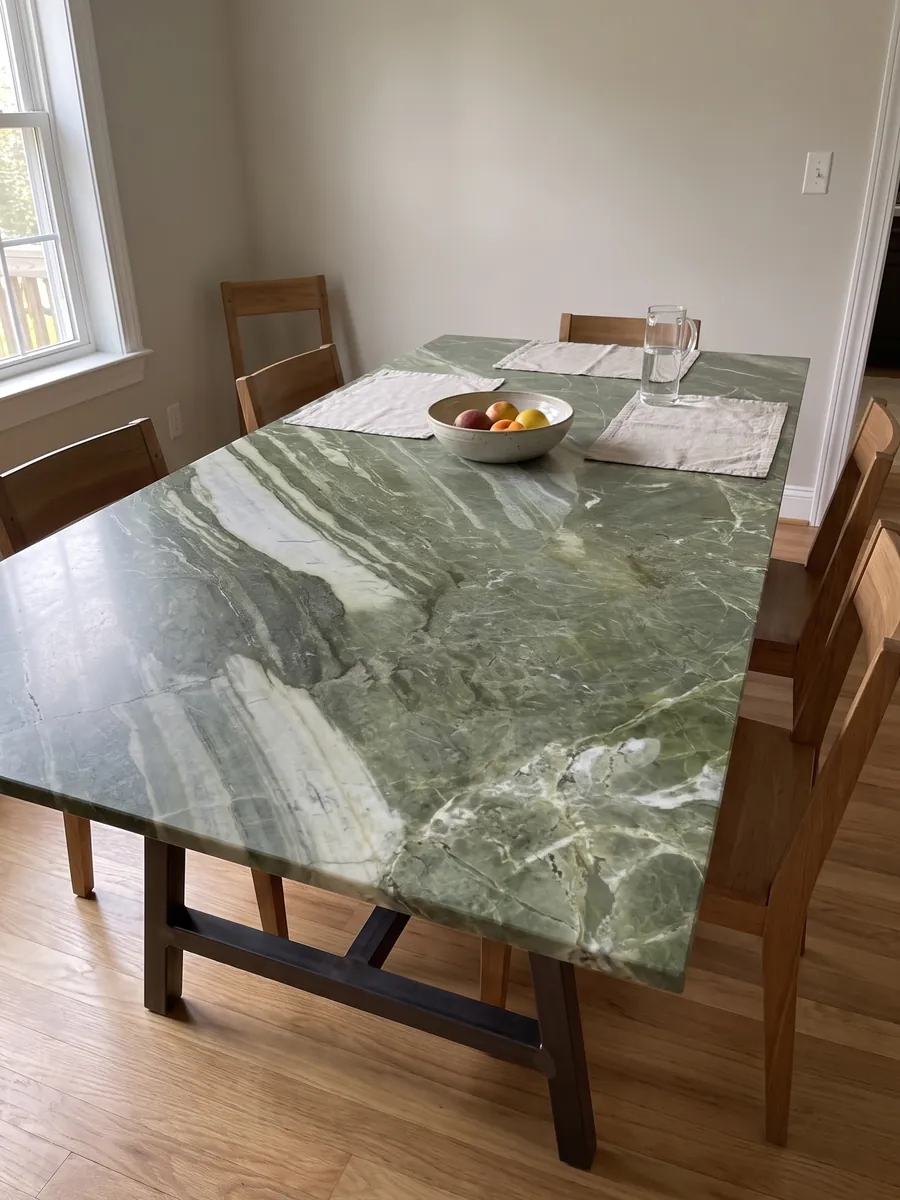 Dining table with a Green Prairie quartzite top on a steel base: intense green with wide greenish white diagonal bands