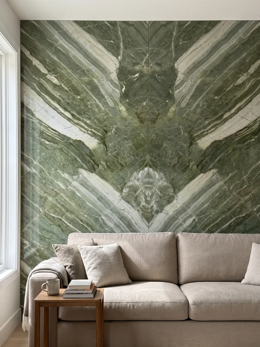 Living room wall clad in bookmatched slabs of Green Prairie quartzite behind a sofa: intense green with wide greenish white diagonal bands