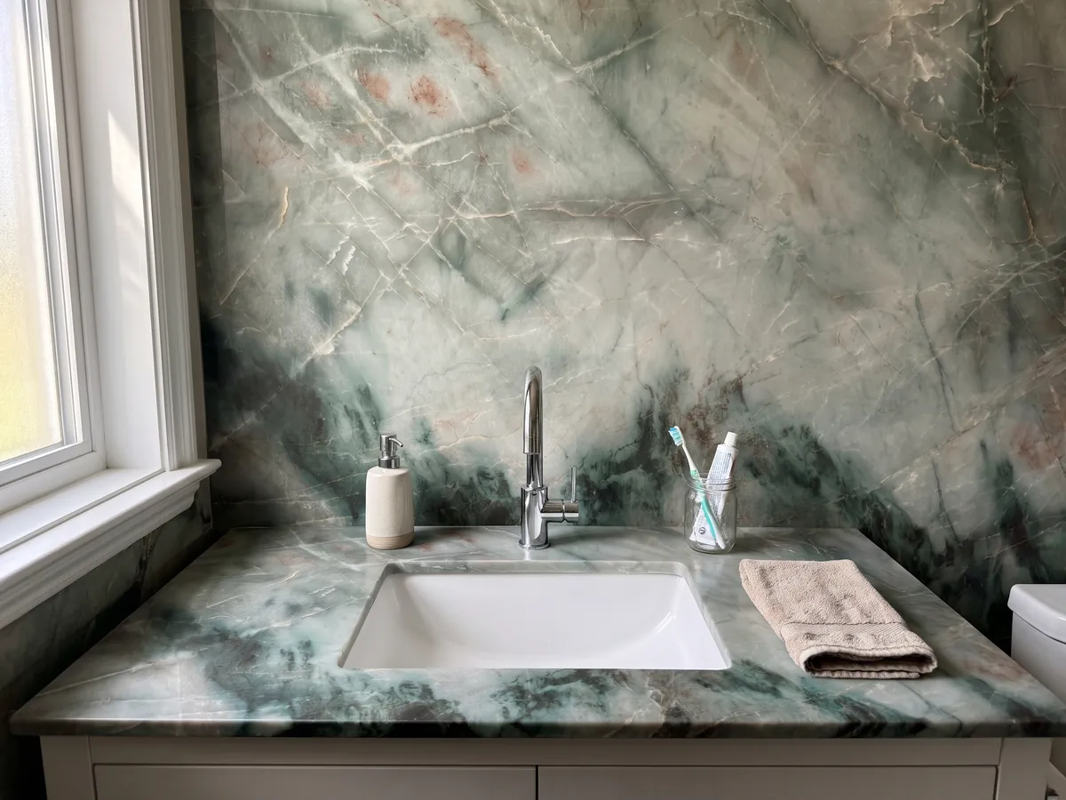 Vanity top and bathroom wall in green Jadore quartzite with a white sink and chrome faucets: cloudy sage green with a dark green zone at the bottom
