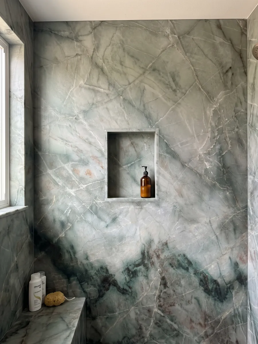 Shower clad in full green Jadore quartzite slabs with a recessed niche: cloudy sage green with a dark green zone at the bottom
