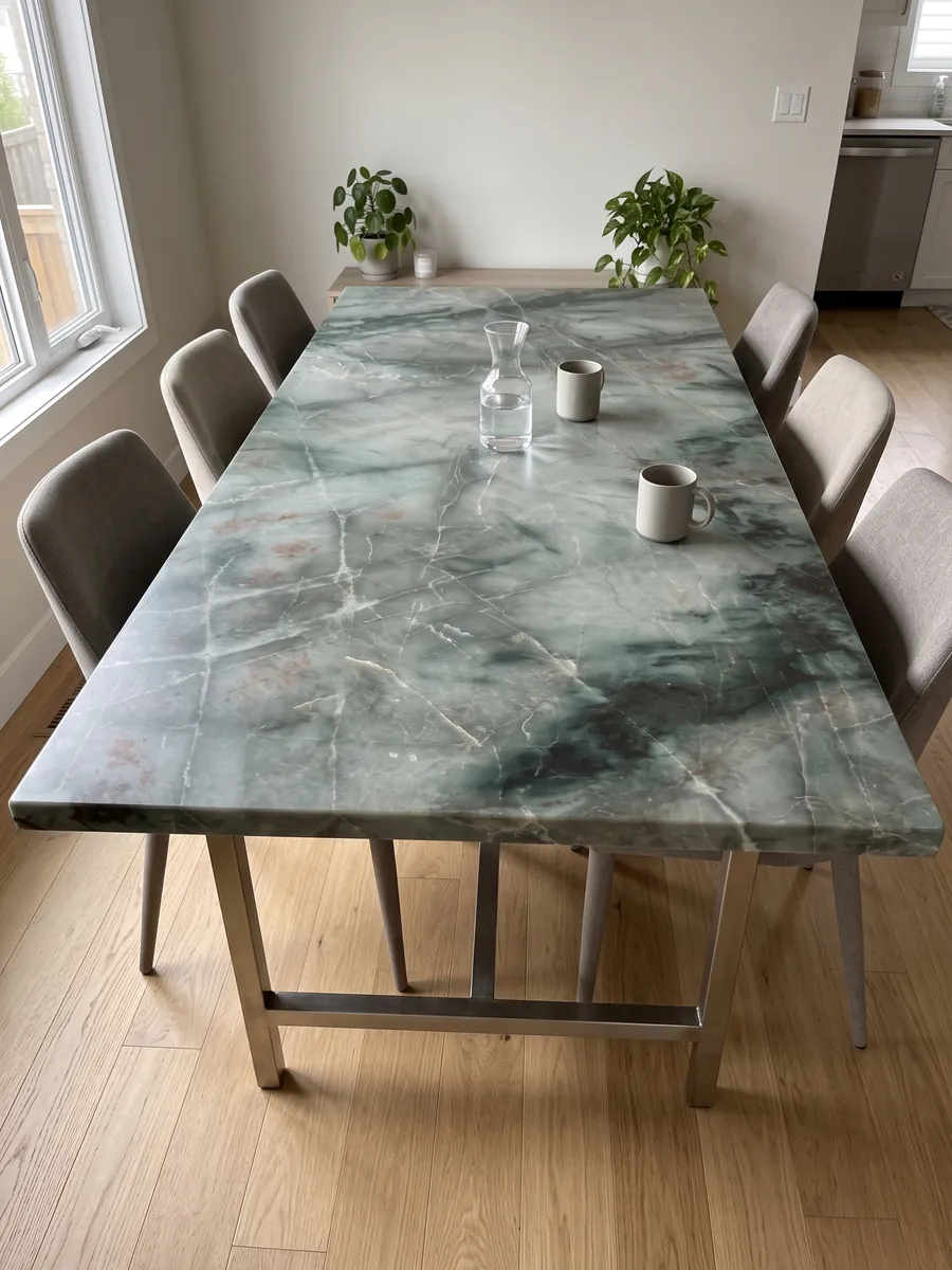 Dining table with a green Jadore quartzite top on a steel base: cloudy sage green with a dark green zone at the bottom