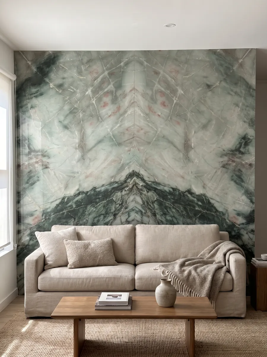 Living room wall clad with bookmatched green Jadore quartzite slabs behind a sofa: cloudy sage green with a dark green zone at the bottom