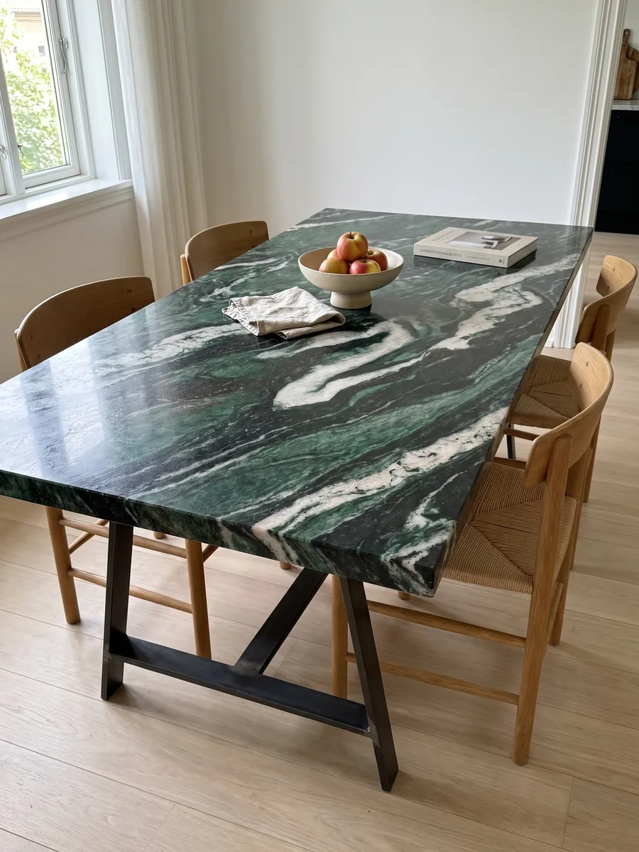 Dining table with a Lapponia Green quartzite top on a steel base: emerald green and black with large pinkish white waves