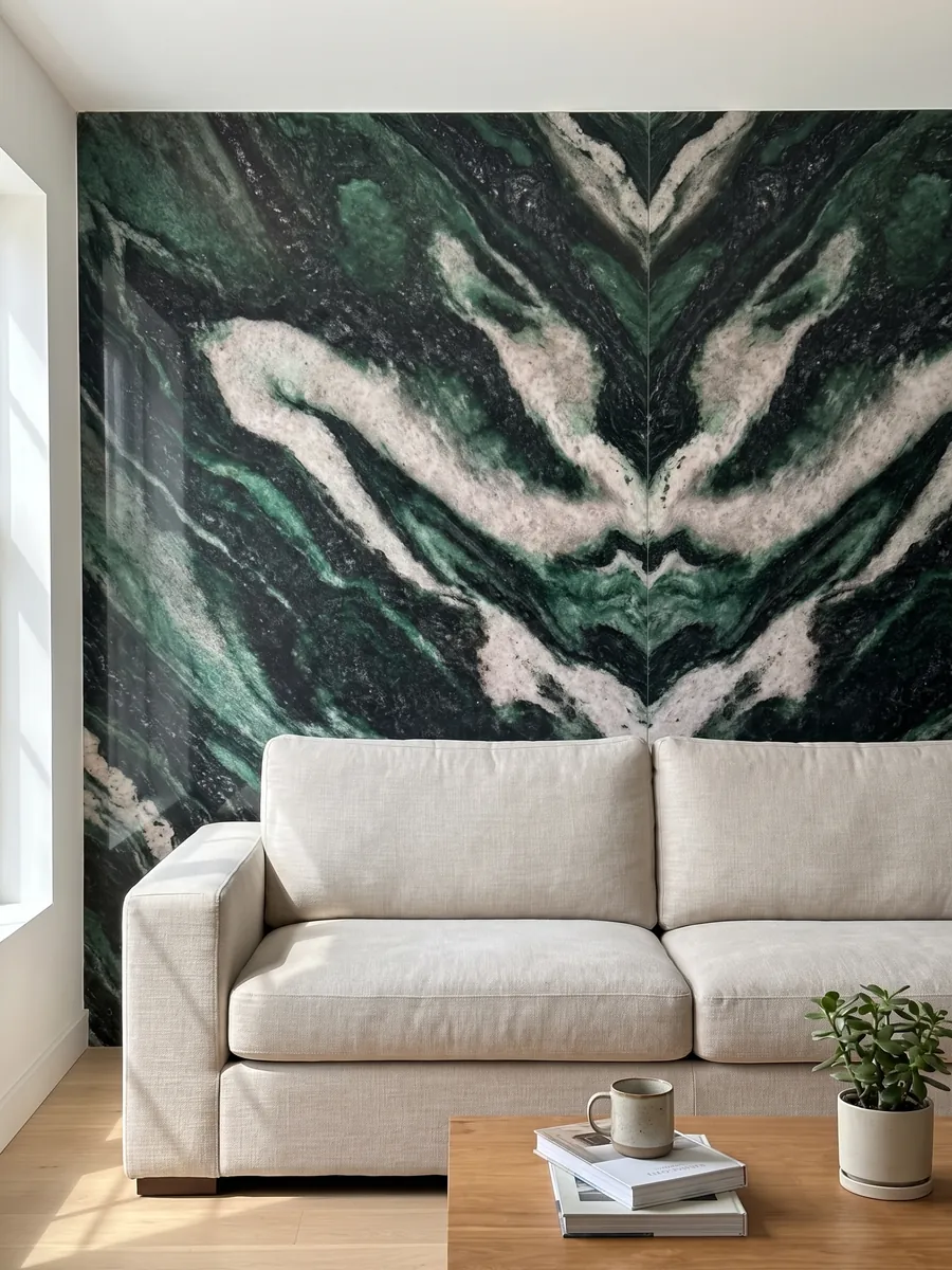 Living room wall clad with bookmatched Lapponia Green quartzite slabs behind a sofa: emerald green and black with large pinkish white waves