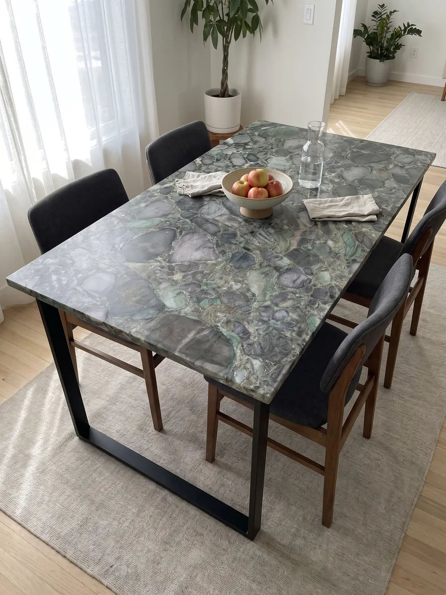 Dining table with a Palladium Green quartzite top on a steel base: rounded violet-gray clasts with a green matrix and emerald glints