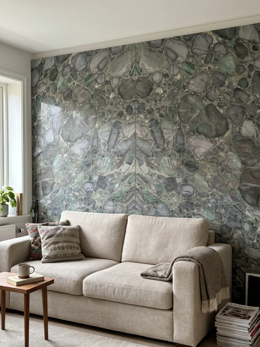 Living room wall clad in bookmatched Palladium Green quartzite slabs behind a sofa: rounded violet-gray clasts with a green matrix and emerald glints