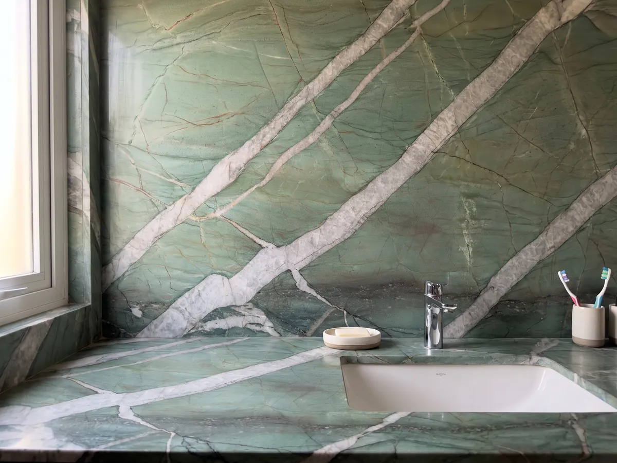 Vanity top and bathroom wall in green Patagonia Green quartzite with a white sink and chrome faucets: jade green crossed by wide light gray veins on the diagonal