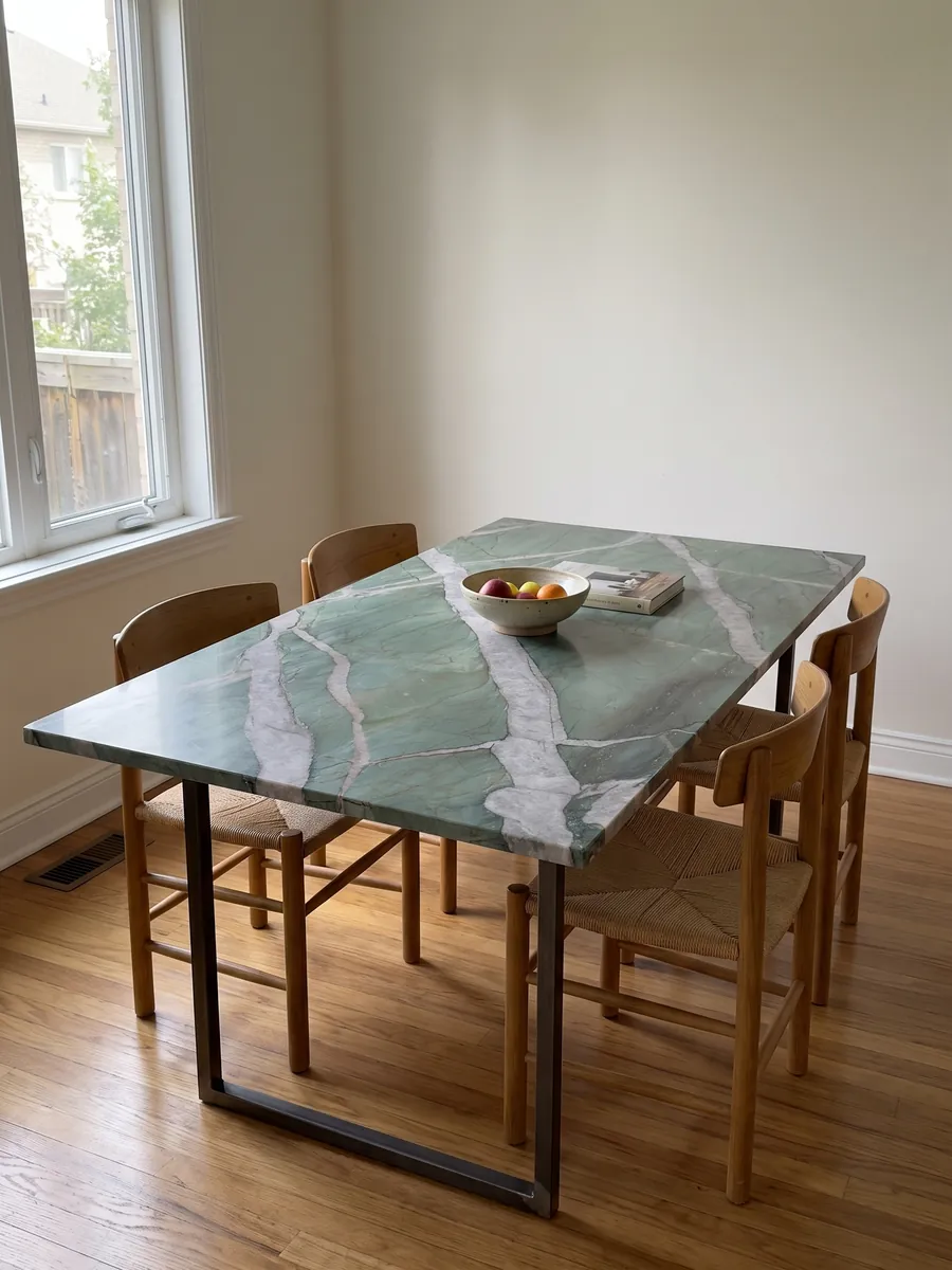Dining table with a green Patagonia Green quartzite top on a steel base: jade green crossed by wide light gray veins on the diagonal