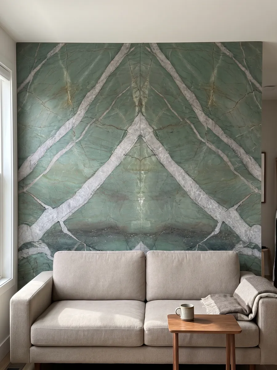 Living room wall clad with bookmatched green Patagonia Green quartzite slabs behind a sofa: jade green crossed by wide light gray veins on the diagonal
