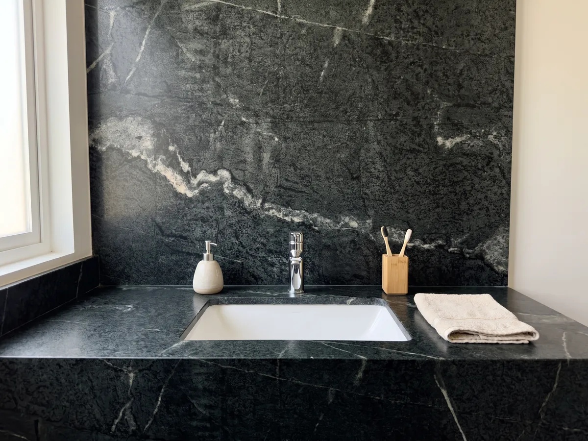 Vanity top and bathroom wall in green Pietra Ollare quartzite with a white sink and chrome faucets: granular near-black green with a wandering white vein