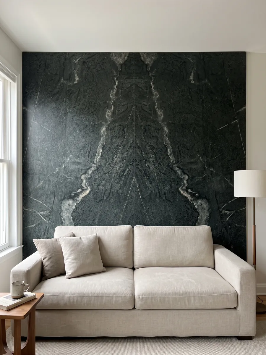 Living room wall clad in bookmatched slabs of green Pietra Ollare quartzite behind a sofa: granular near-black green with a wandering white vein