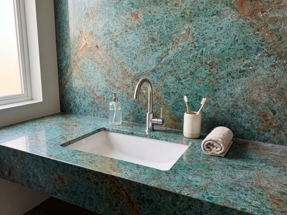 Vanity top and bathroom wall in green Tanzanite quartzite with a white sink and chrome fittings: speckled turquoise crossed by a diagonal rust red band