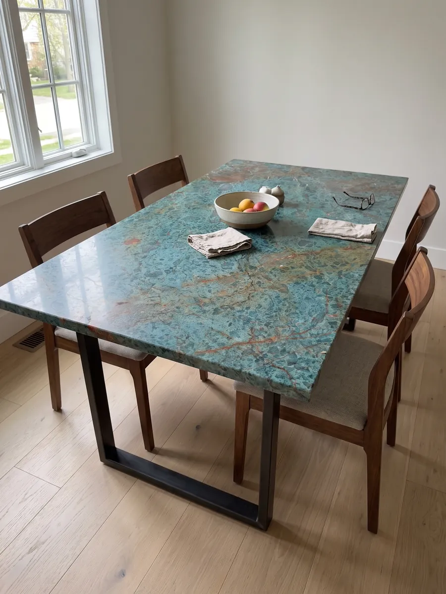 Dining table with a green Tanzanite quartzite top on a steel base: speckled turquoise crossed by a diagonal rust red band