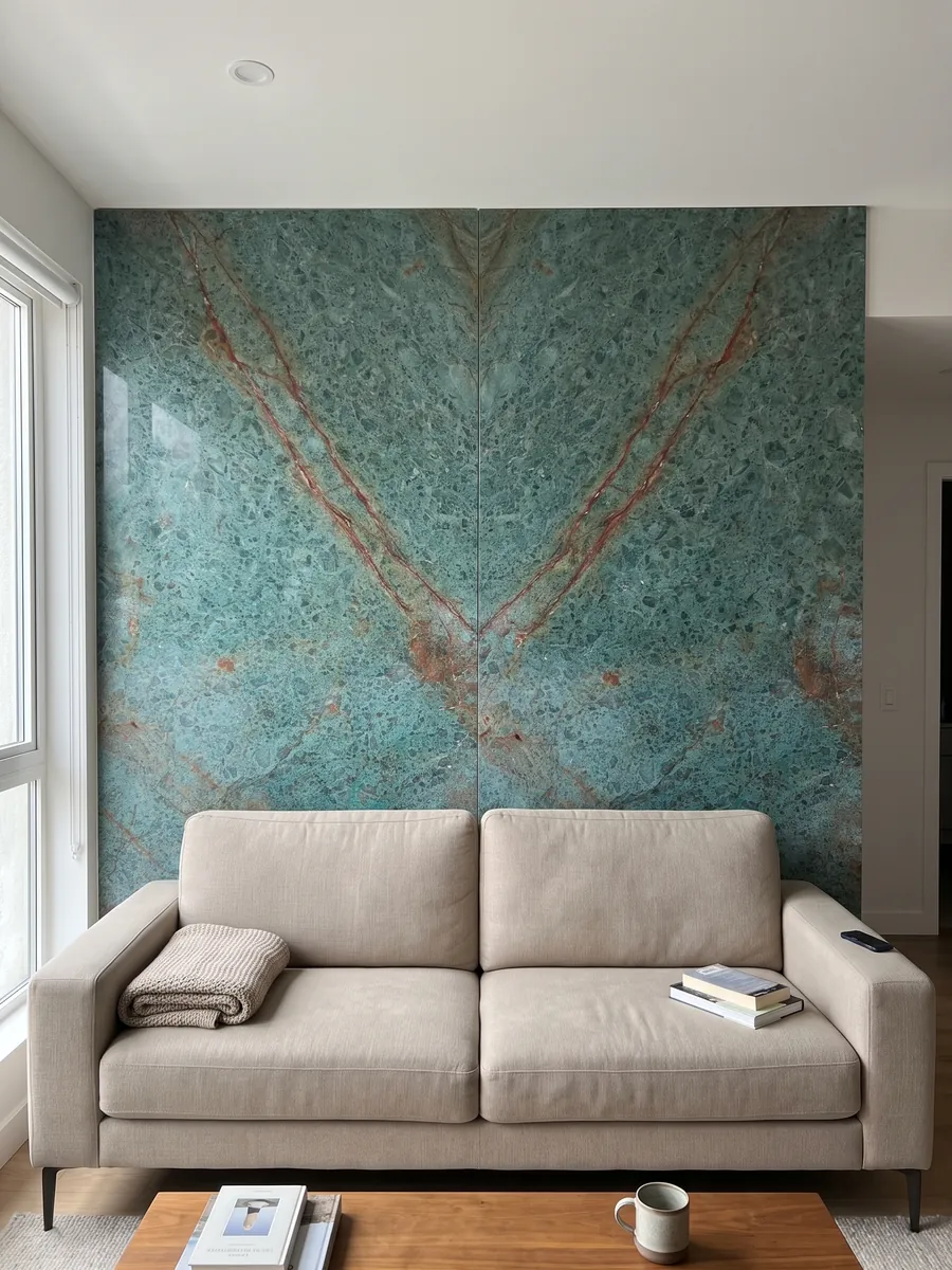 Living room wall clad in bookmatched slabs of green Tanzanite quartzite behind a sofa: speckled turquoise crossed by a diagonal rust red band