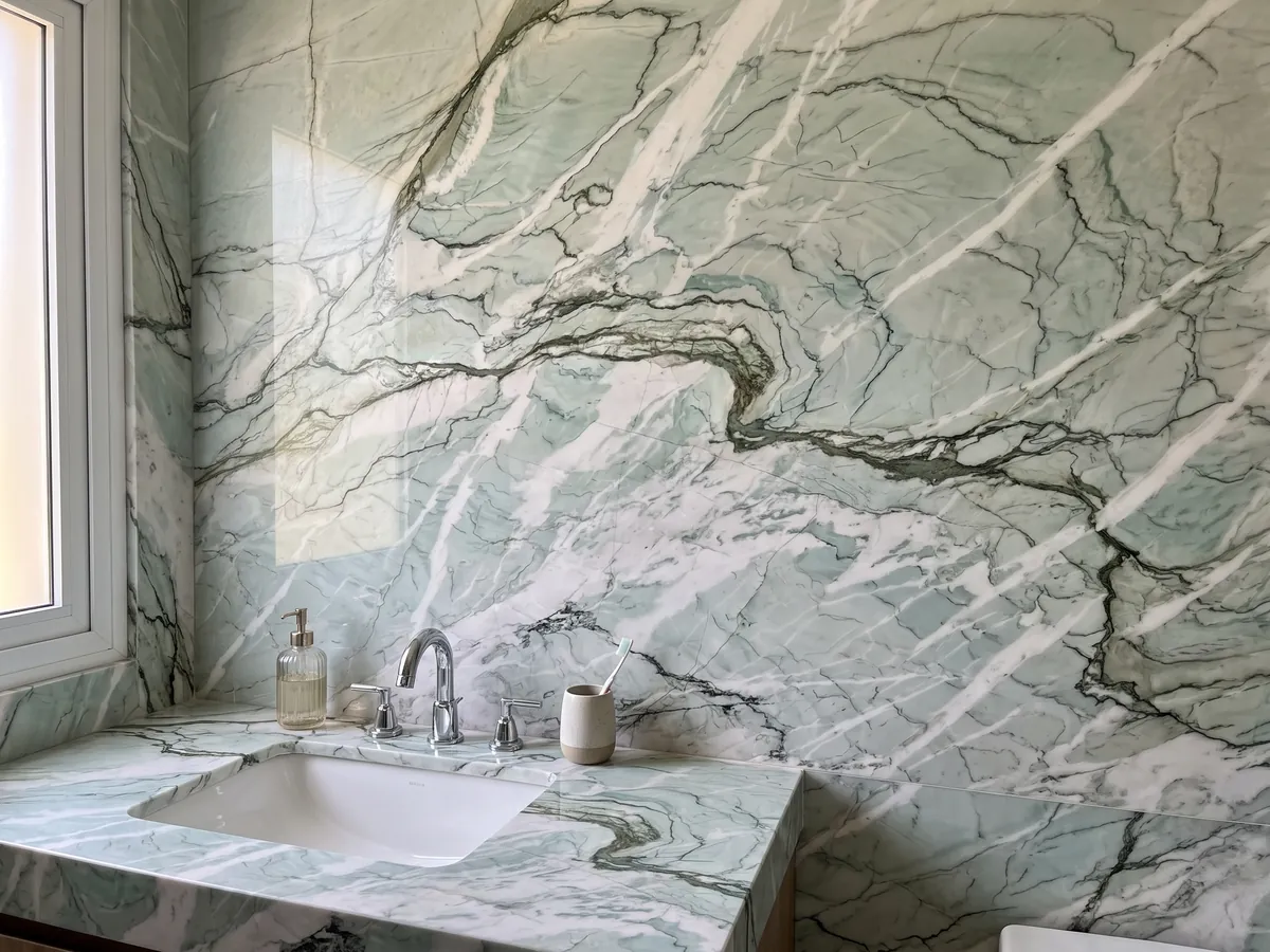 Vanity top and bathroom wall in green Tiffany Wow quartzite with a white sink and chrome fittings: aqua and white with strongly marked dark wavy veins