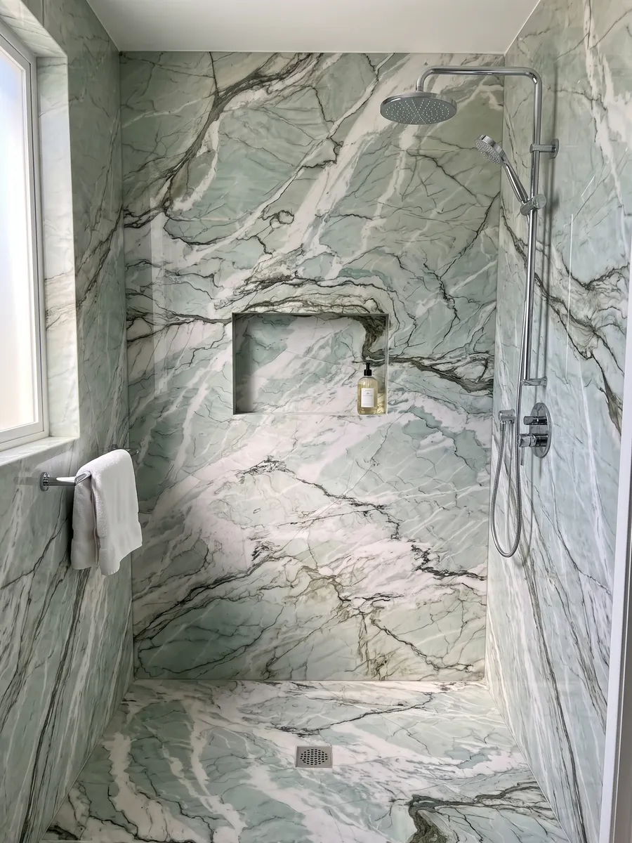 Shower clad in full slabs of green Tiffany Wow quartzite with a recessed niche: aqua and white with strongly marked dark wavy veins