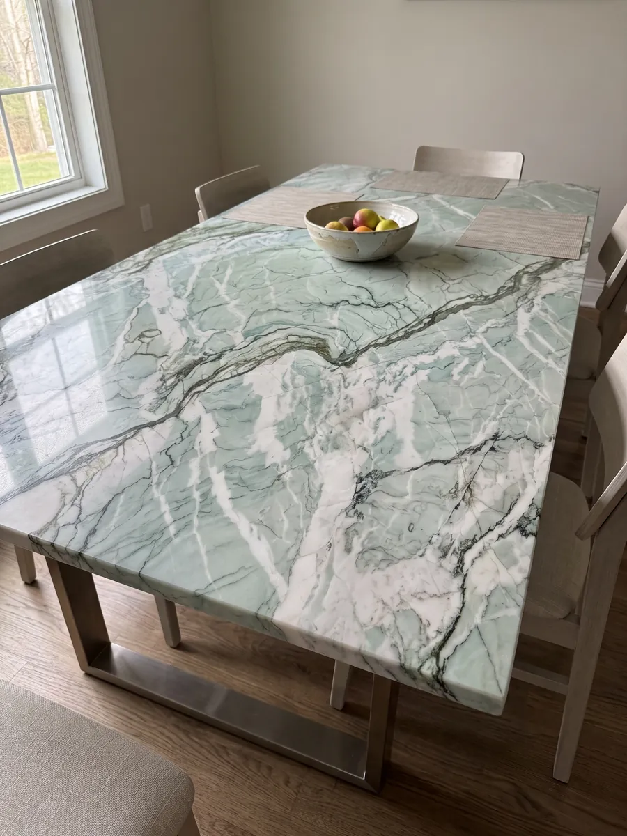 Dining table with a green Tiffany Wow quartzite top on a steel base: aqua and white with strongly marked dark wavy veins