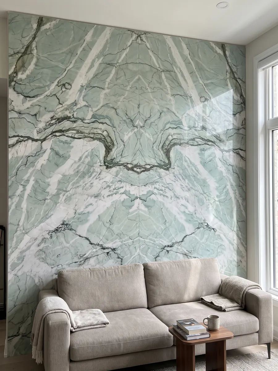 Living room wall clad in bookmatched slabs of green Tiffany Wow quartzite behind a sofa: aqua and white with strongly marked dark wavy veins