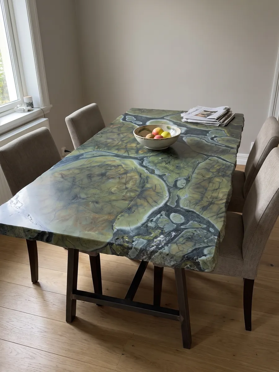 Dining table with a green Victoria Regia quartzite top on a steel base: rounded olive green cells with dark edges, like lily pads
