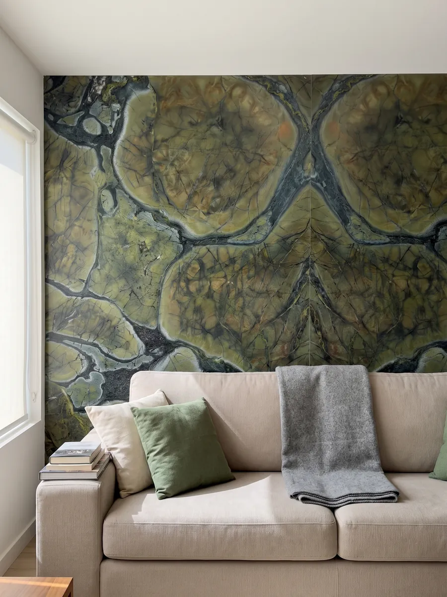 Living room wall clad in bookmatched green Victoria Regia quartzite slabs behind a sofa: rounded olive green cells with dark edges, like lily pads