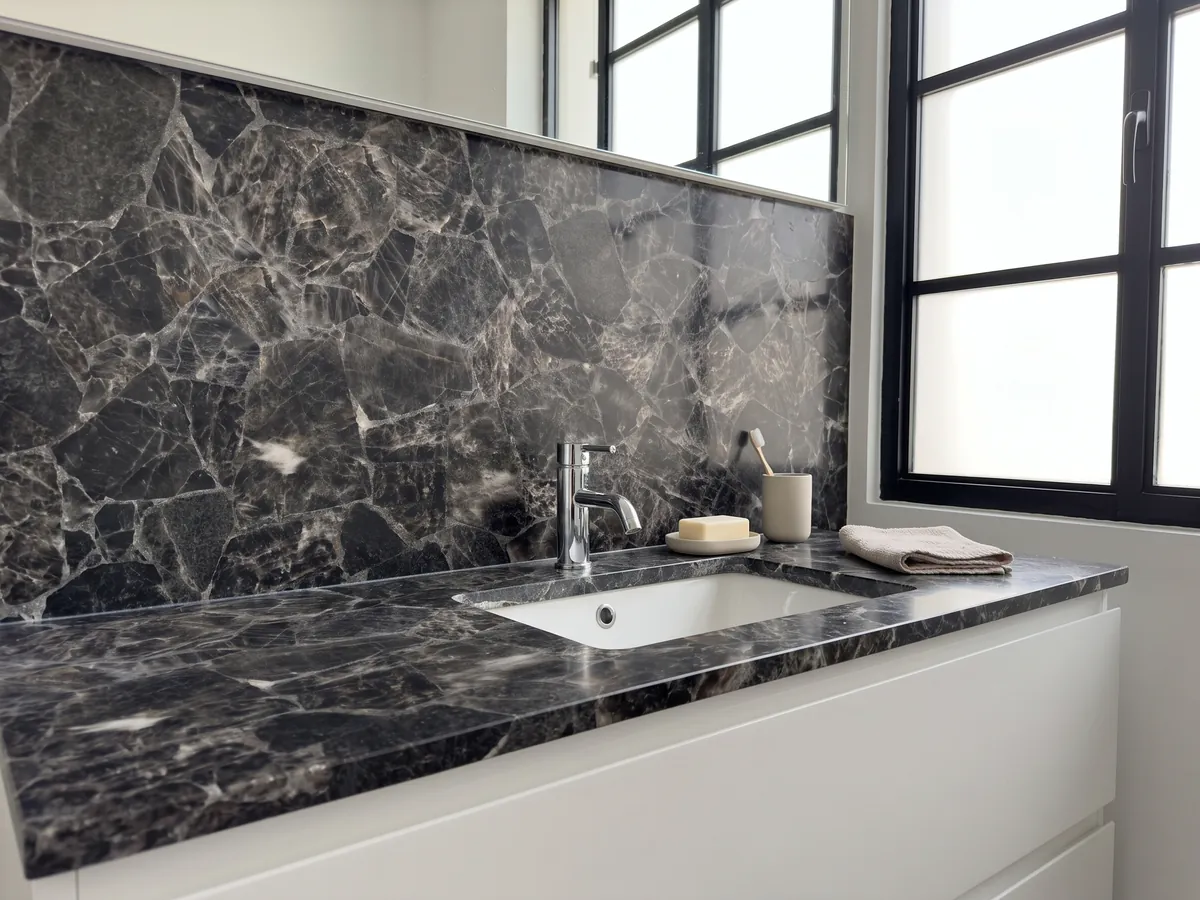 Bathroom vanity top and wall in smoky quartz with a white sink and chrome faucet: dark gray, almost black fragments bounded by light edges and lines