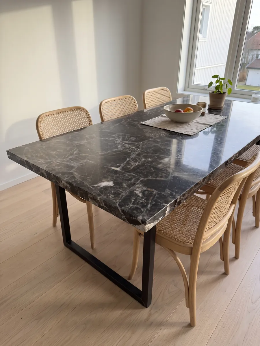 Dining table with a smoky quartz top on a steel base: dark gray, almost black fragments bounded by light edges and lines