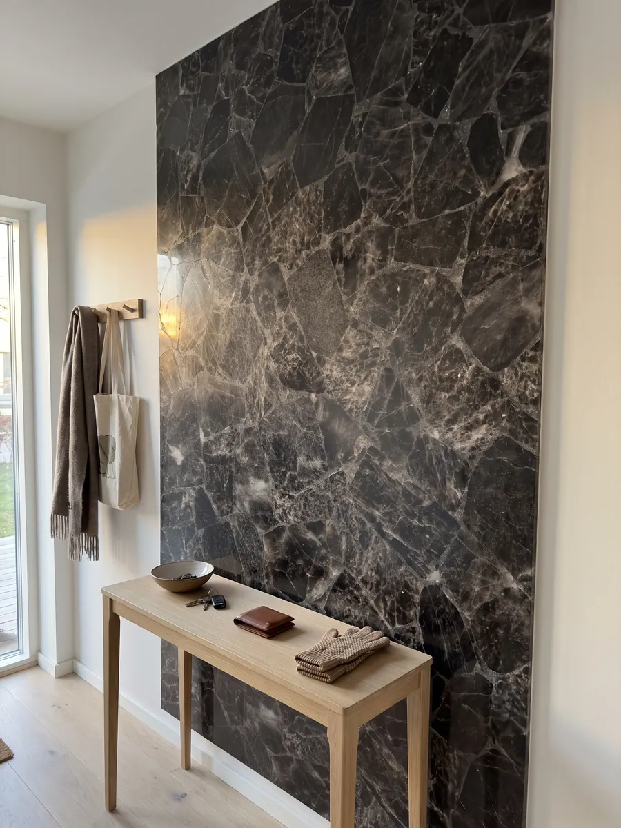 Entryway wall clad in smoky quartz with a narrow console: dark gray, almost black fragments bounded by light edges and lines
