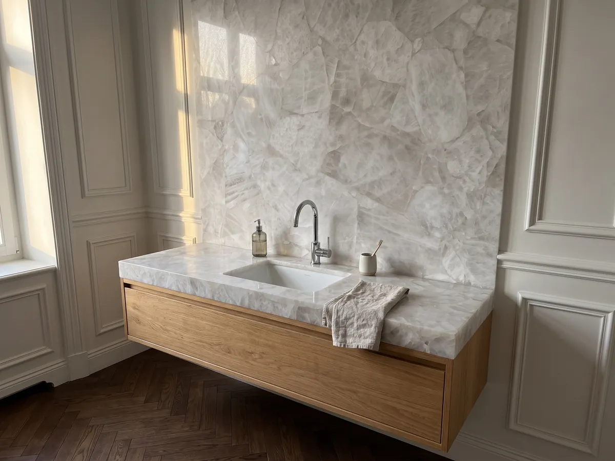 White Quartz vanity top and bathroom wall with a white sink and chrome fixtures: crystalline, soft grayish white with barely marked fragments