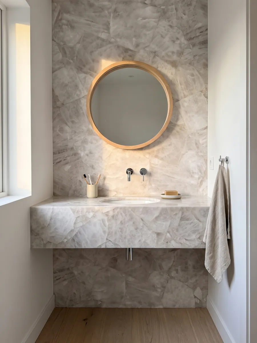 Guest bathroom with a White Quartz wall, floating vanity and round mirror: crystalline, soft grayish white with barely marked fragments