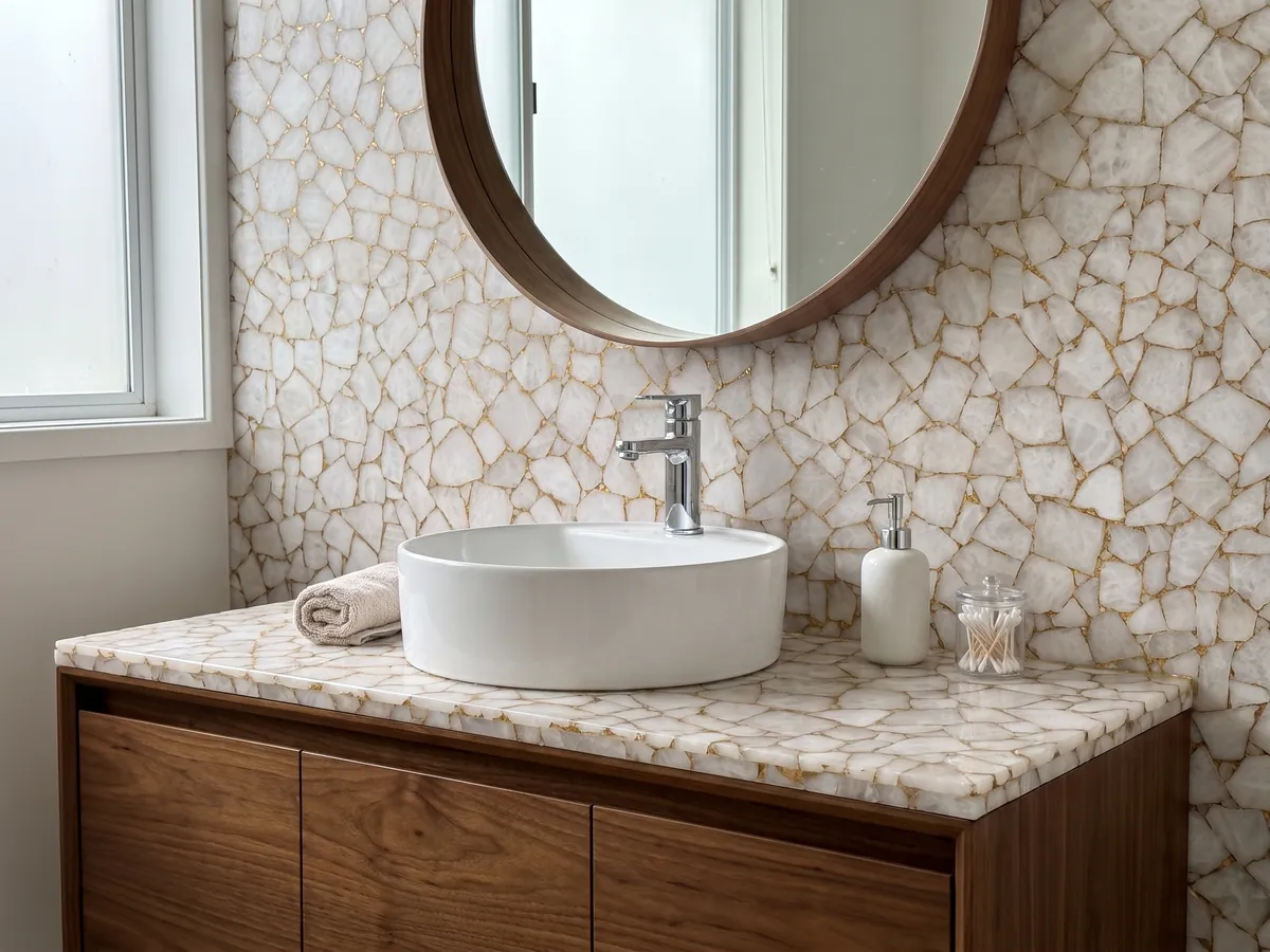 White Quartz with Gold Leaf vanity top and bathroom wall with a white sink and chrome fixtures: white quartz polygons joined by a web of gold joints