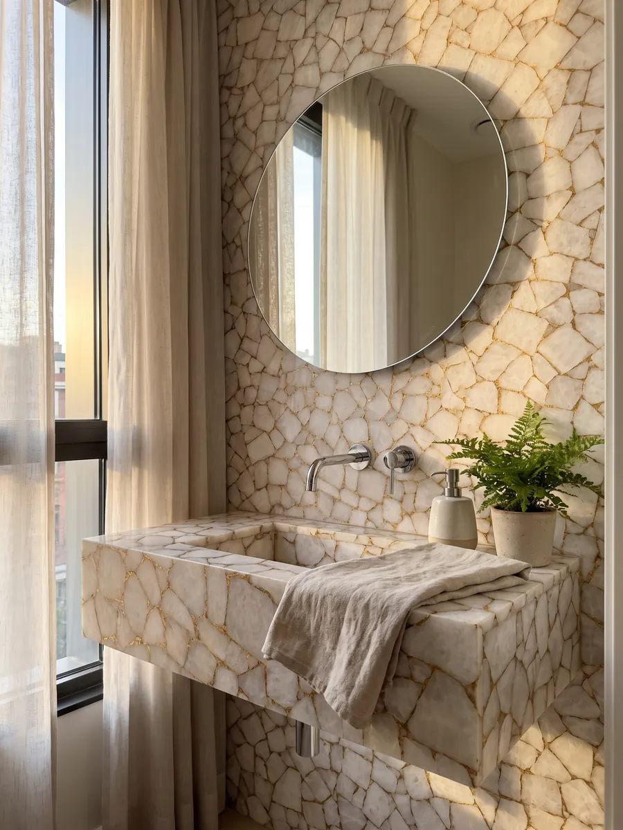 Guest bathroom with a White Quartz with Gold Leaf wall, floating vanity and round mirror: white quartz polygons joined by a web of gold joints