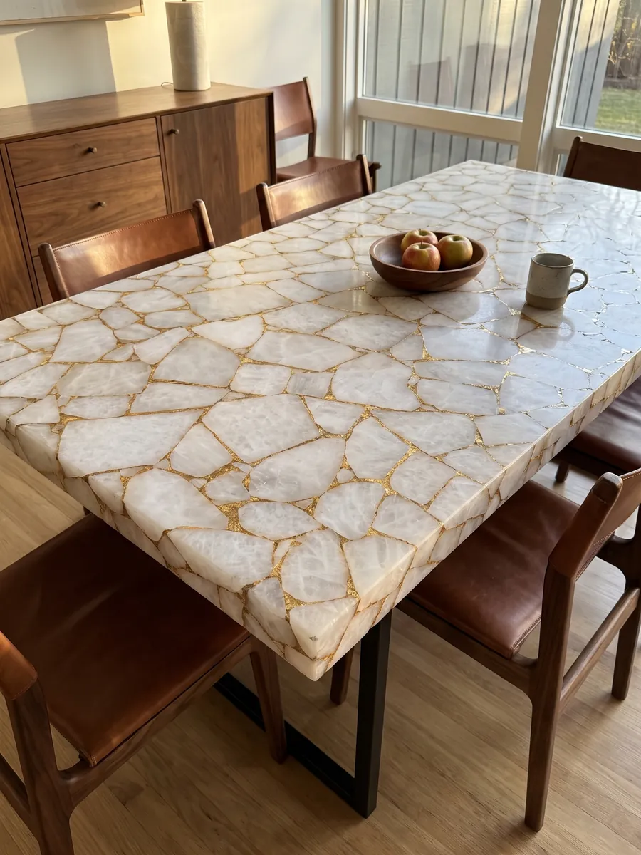 Dining table with a White Quartz with Gold Leaf top on a steel base: white quartz polygons joined by a web of gold joints