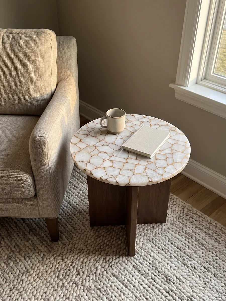 Side table with a White Quartz with Gold Leaf top next to an armchair: white quartz polygons joined by a web of gold joints
