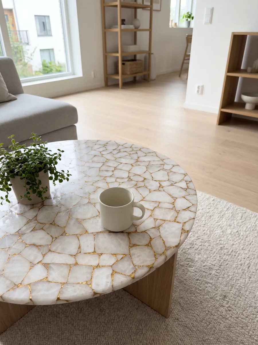 Coffee table with a White Quartz with Gold Leaf top in a living room: white quartz polygons joined by a web of gold joints