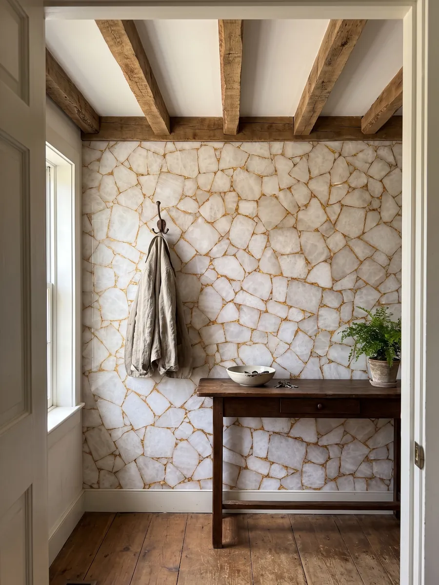 Entry wall clad in White Quartz with Gold Leaf with a narrow console: white quartz polygons joined by a web of gold joints