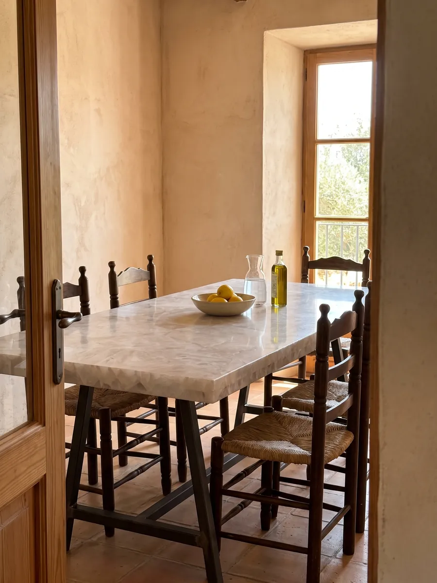 Dining table with a White Quartz top on a steel base: crystalline, soft grayish white with barely marked fragments