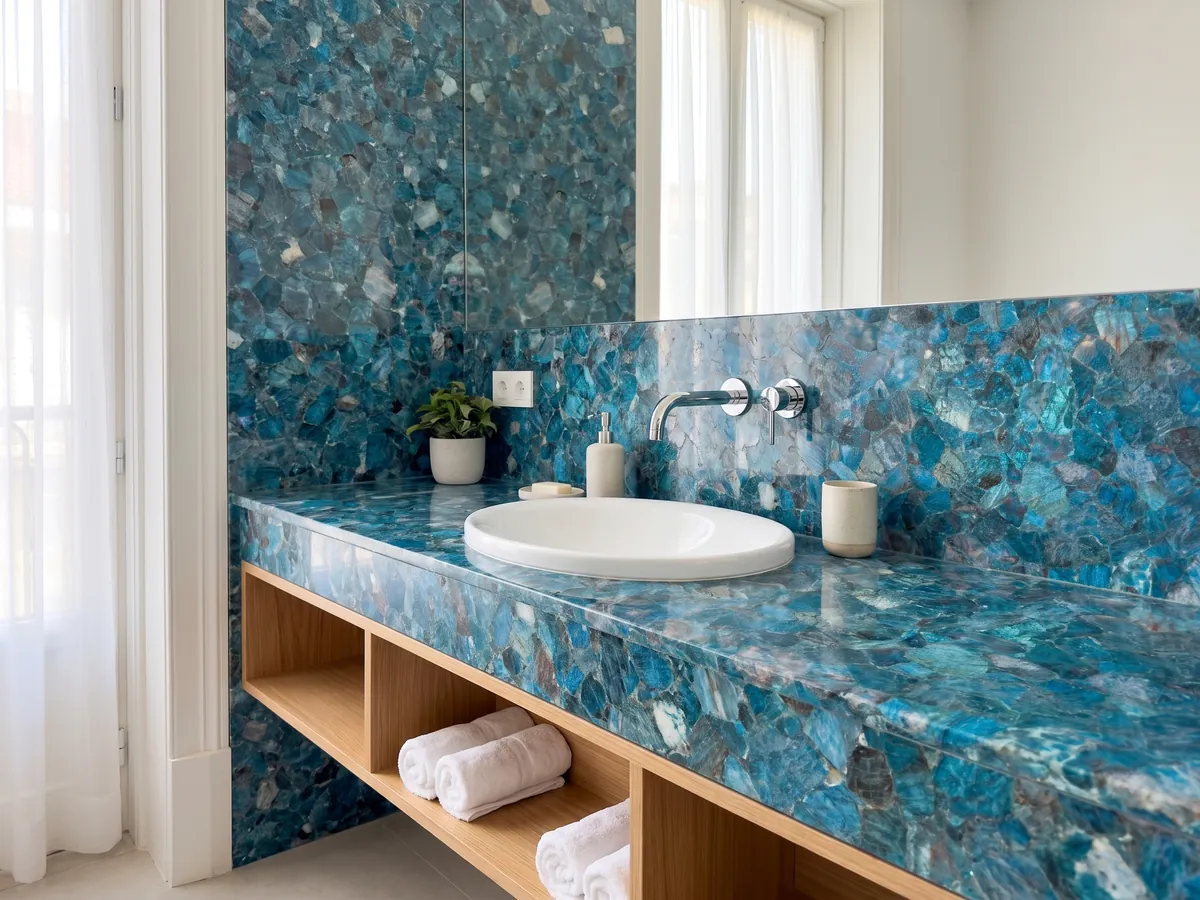 Sea Quartz vanity top and bathroom wall with a white sink and chrome fixtures: tightly packed crystalline turquoise and blue fragments