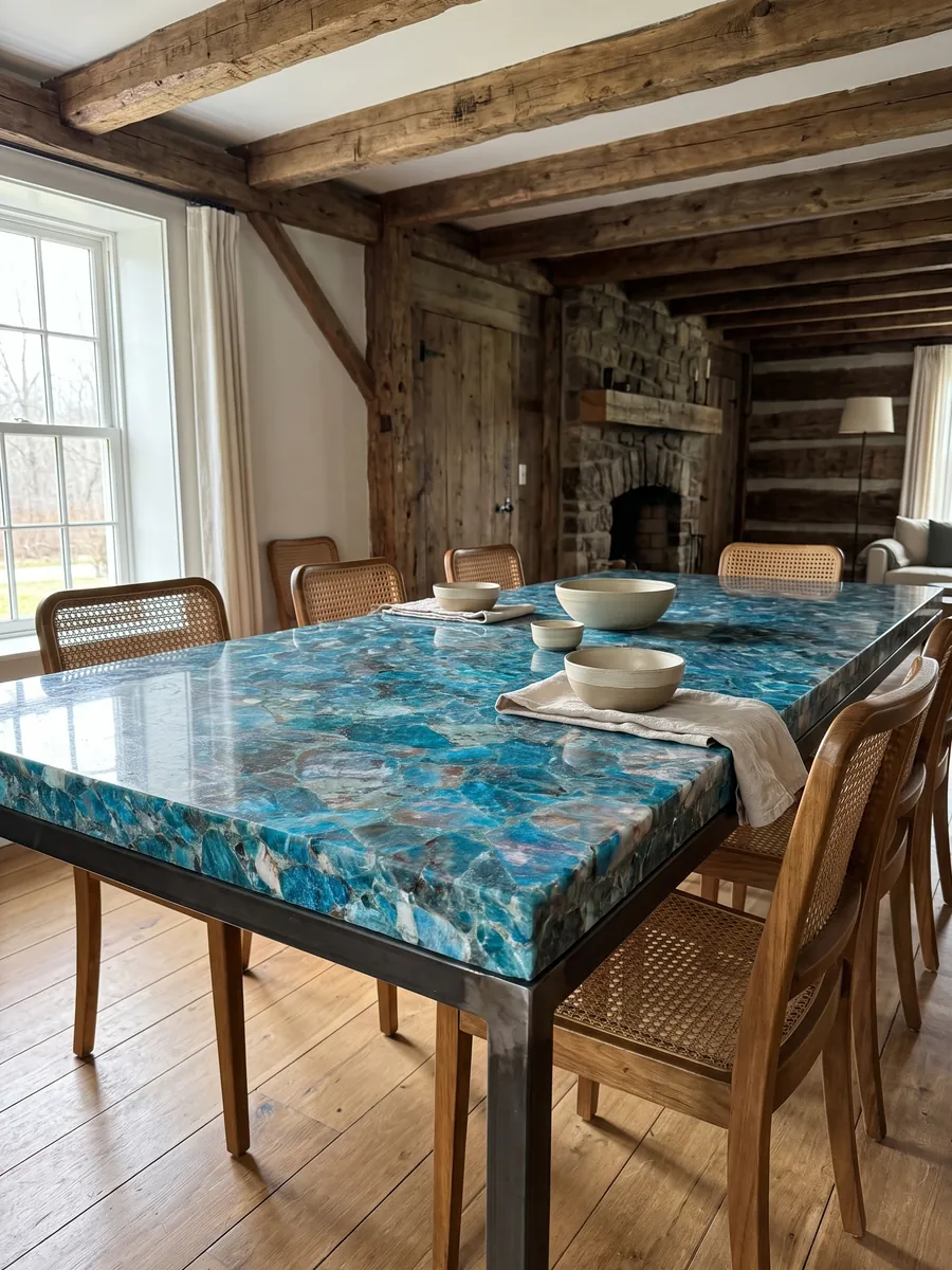 Dining table with a sea quartz top on a steel base: tightly packed turquoise and glassy blue fragments