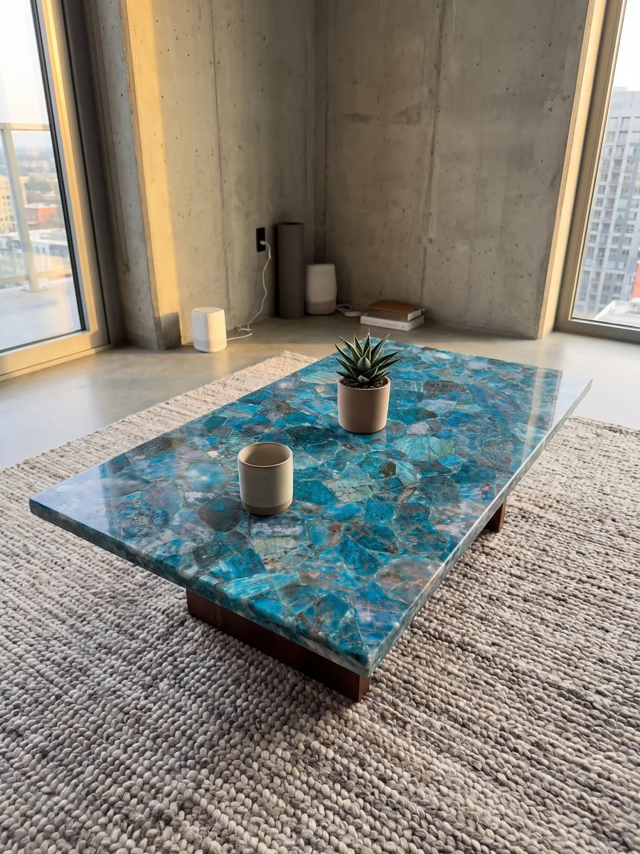 Coffee table with a sea quartz top in a living room: tightly packed turquoise and glassy blue fragments