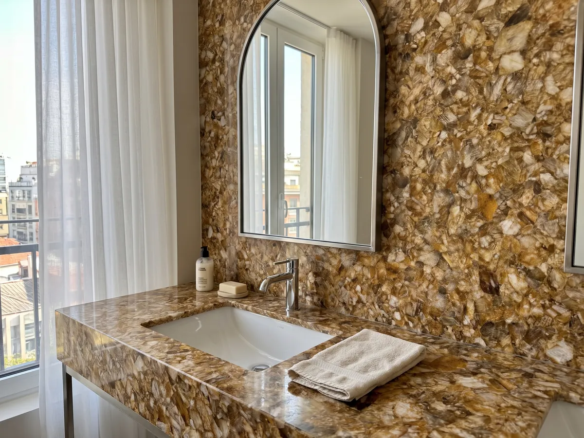 Vanity top and bathroom wall in lemon quartz with a white sink and chrome fixtures: tightly packed honey and cream glassy fragments
