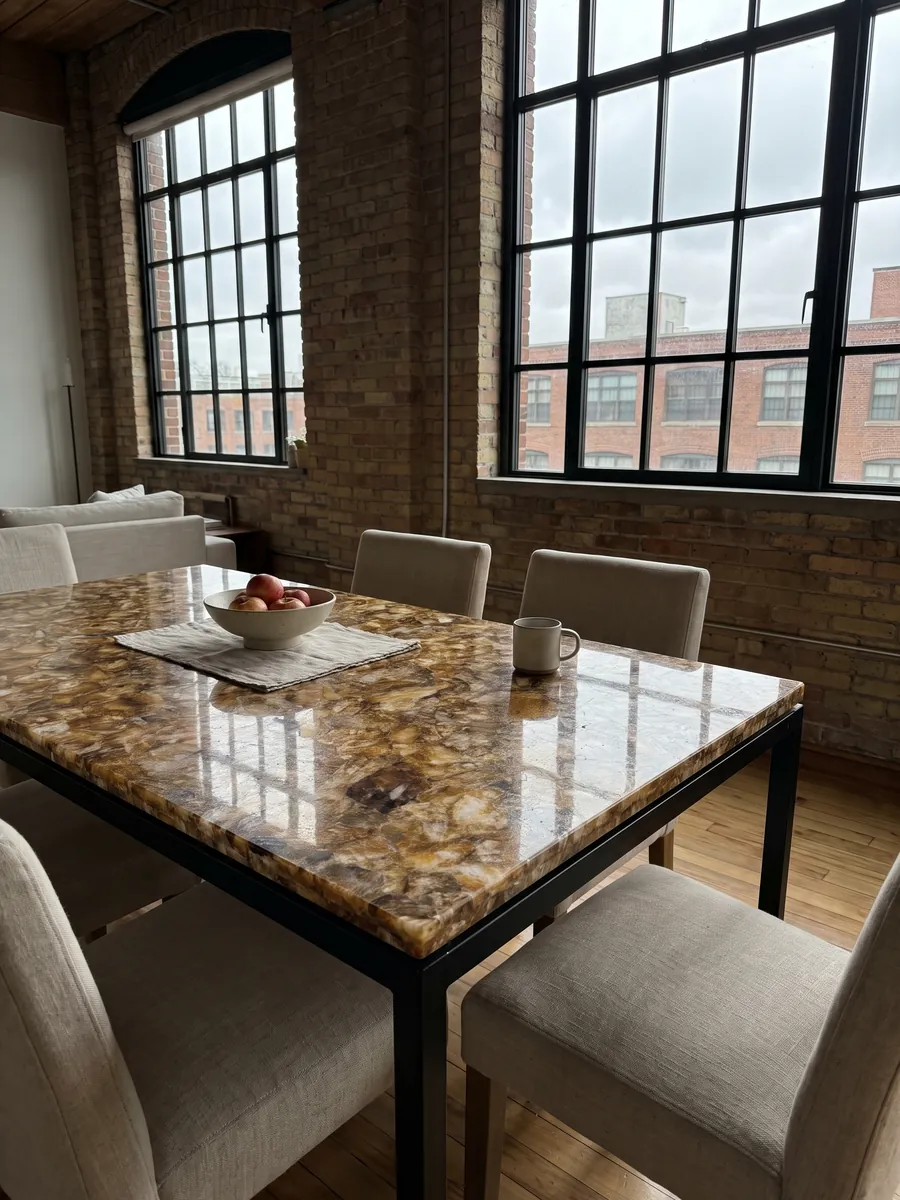 Dining table with a lemon quartz top on a steel base: tightly packed honey and cream glassy fragments