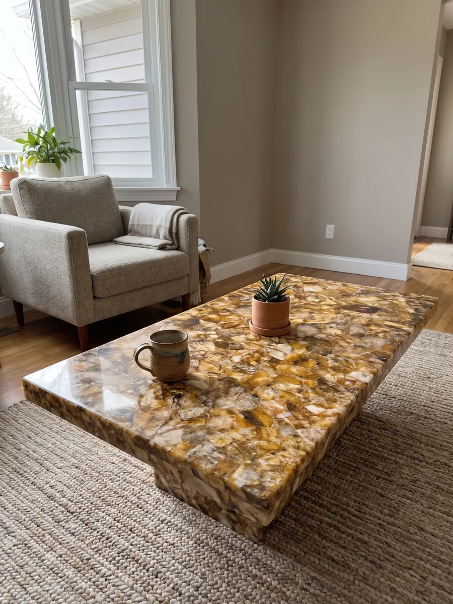 Coffee table with a lemon quartz top in a living room: tightly packed honey and cream glassy fragments